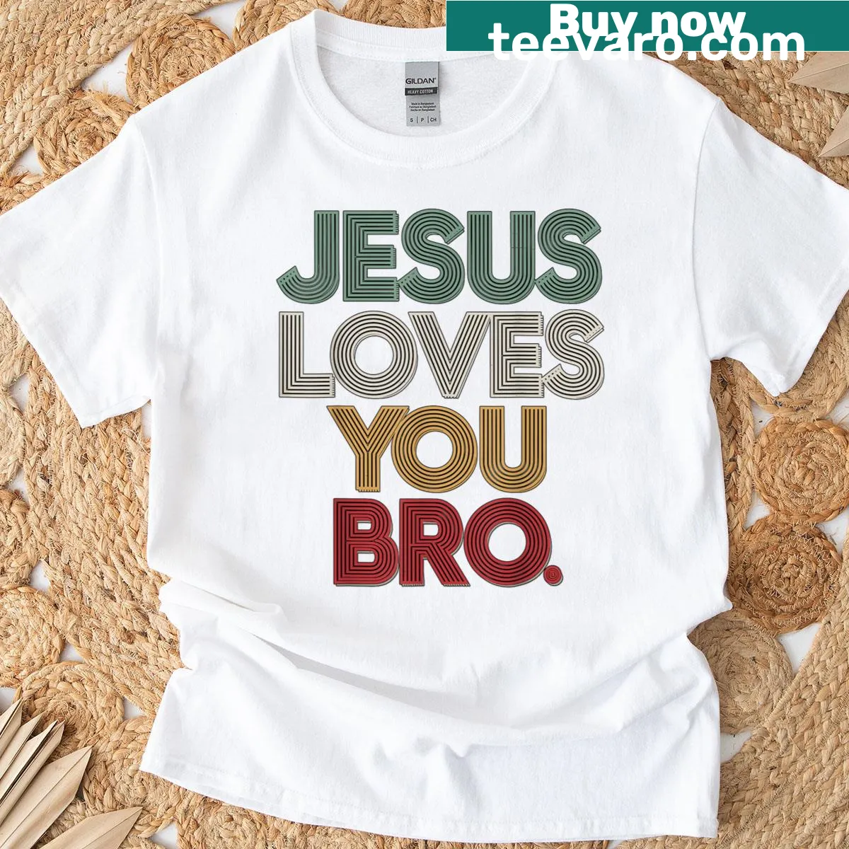 Typography shirt with the phrase 'Jesus Loves You Bro' — on a men's t-shirt