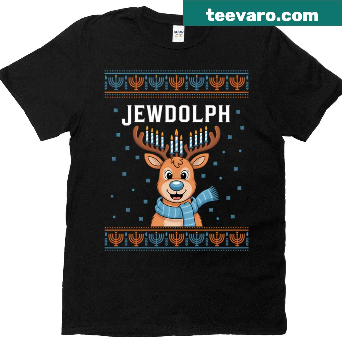 Hanukkah t-shirt featuring a reindeer with a menorah design — on a men's t-shirt