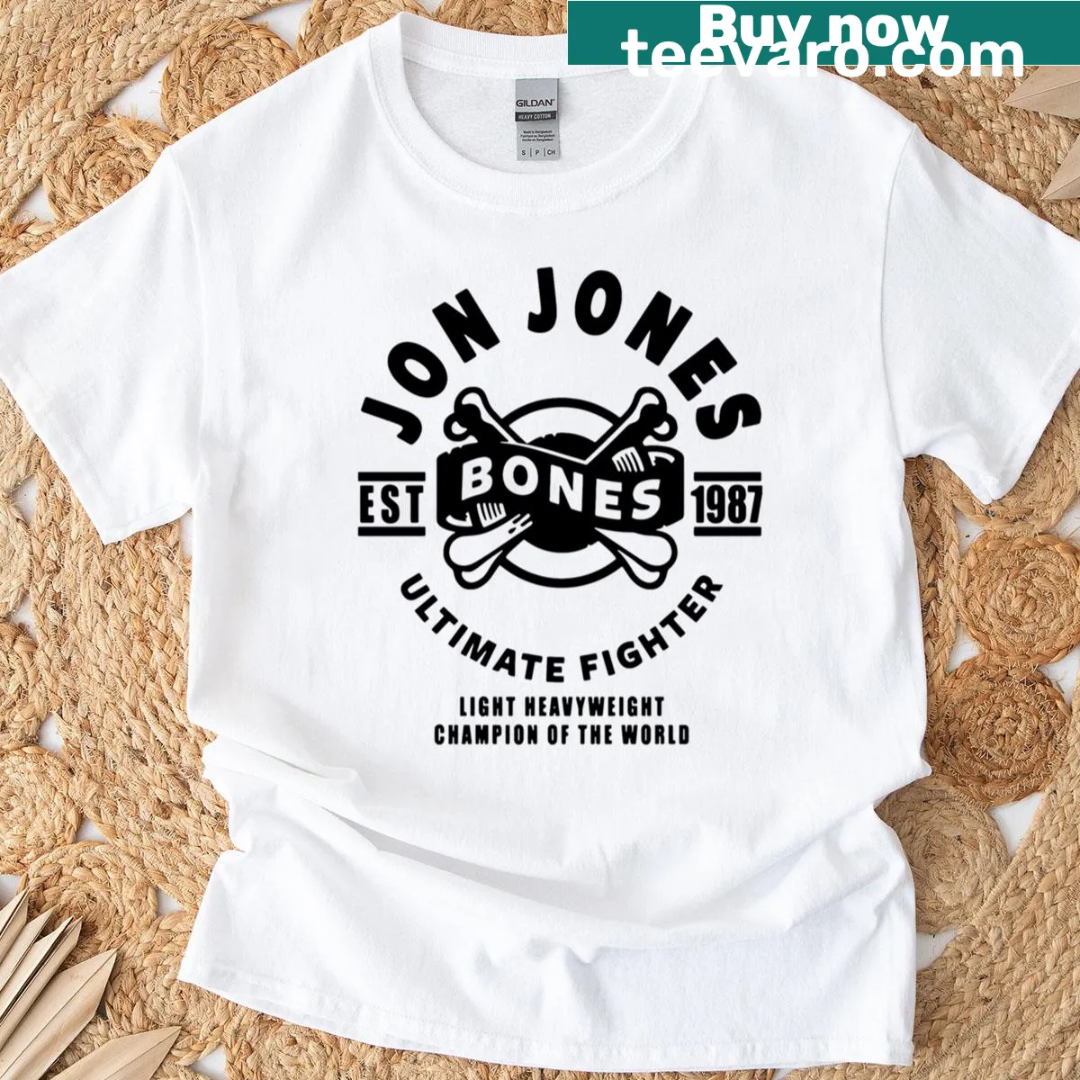 Graphic of Jon Jones celebrating as Champion of the World on T-shirt. — on a men's t-shirt