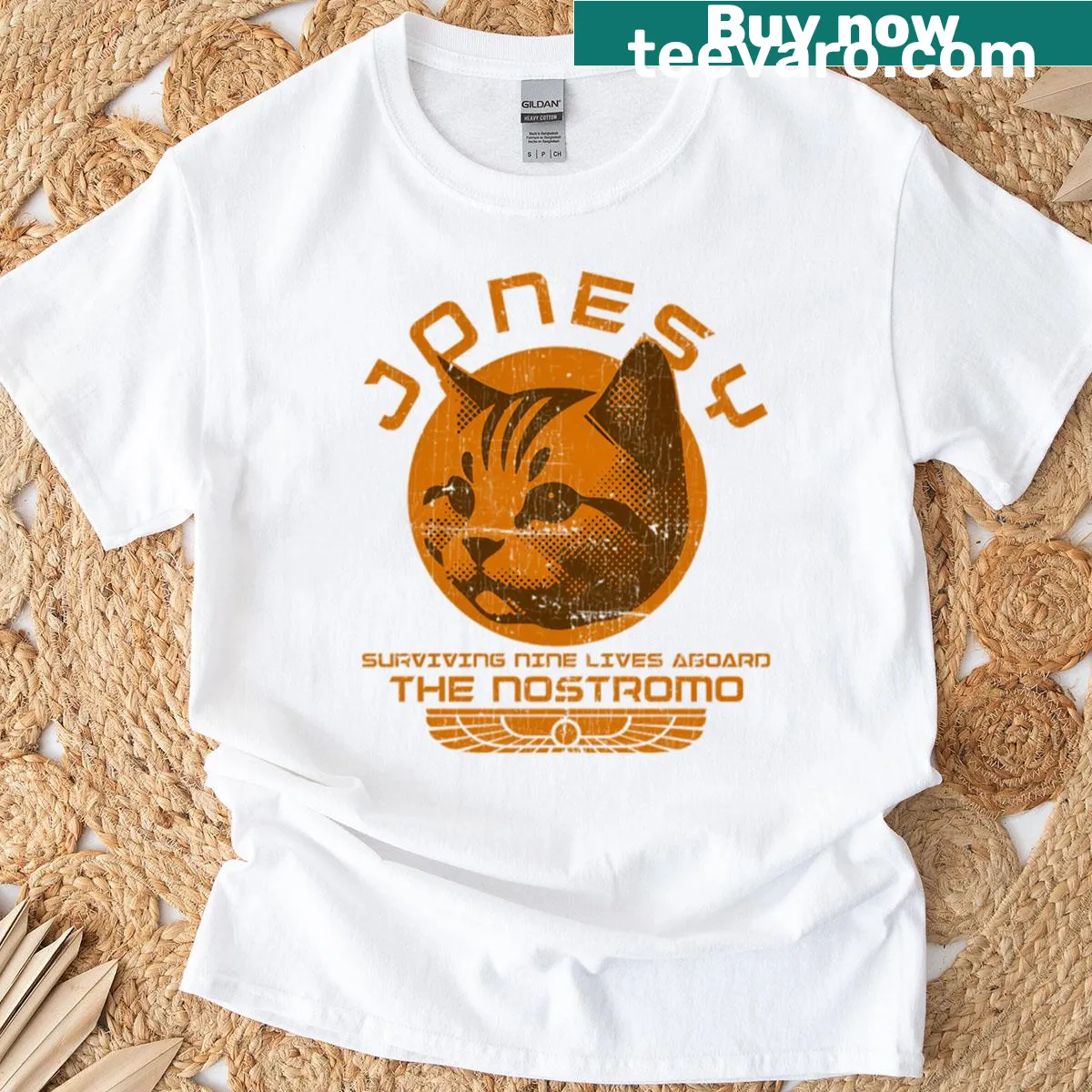 Jonesy the cat design from Nostromo movie on T-shirt — on a men's t-shirt