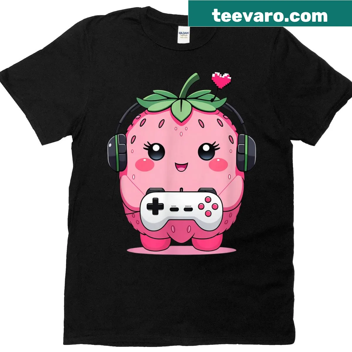 Cute Kawaii strawberry gamer T-shirt design — on a men's t-shirt