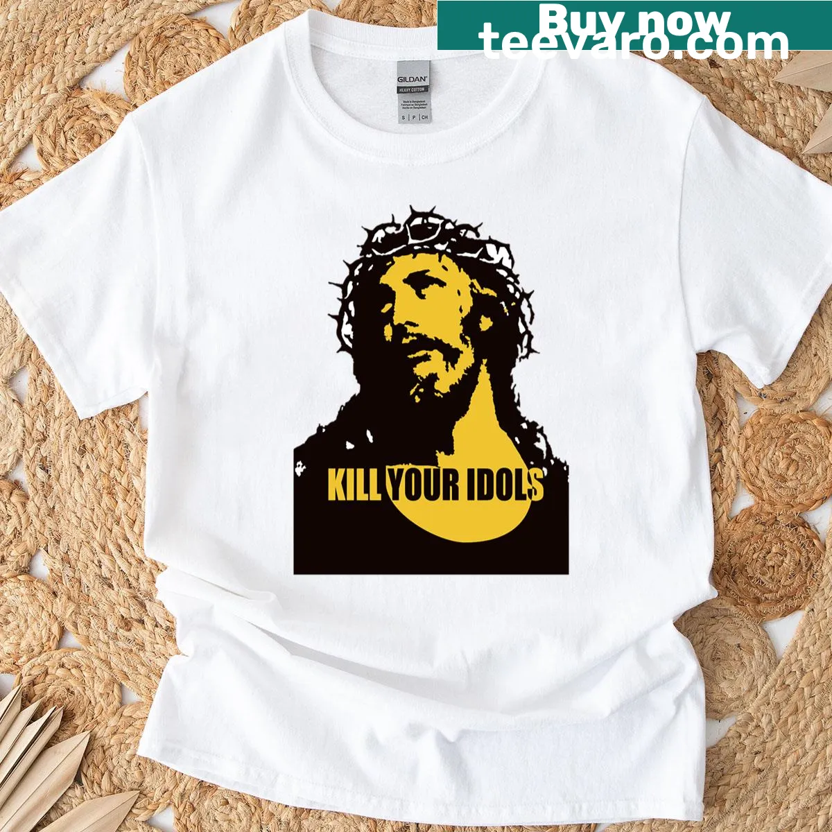 Retro T-shirt with the phrase 'Kill Your Idols Guns Roses' in a bold design. — on a men's t-shirt