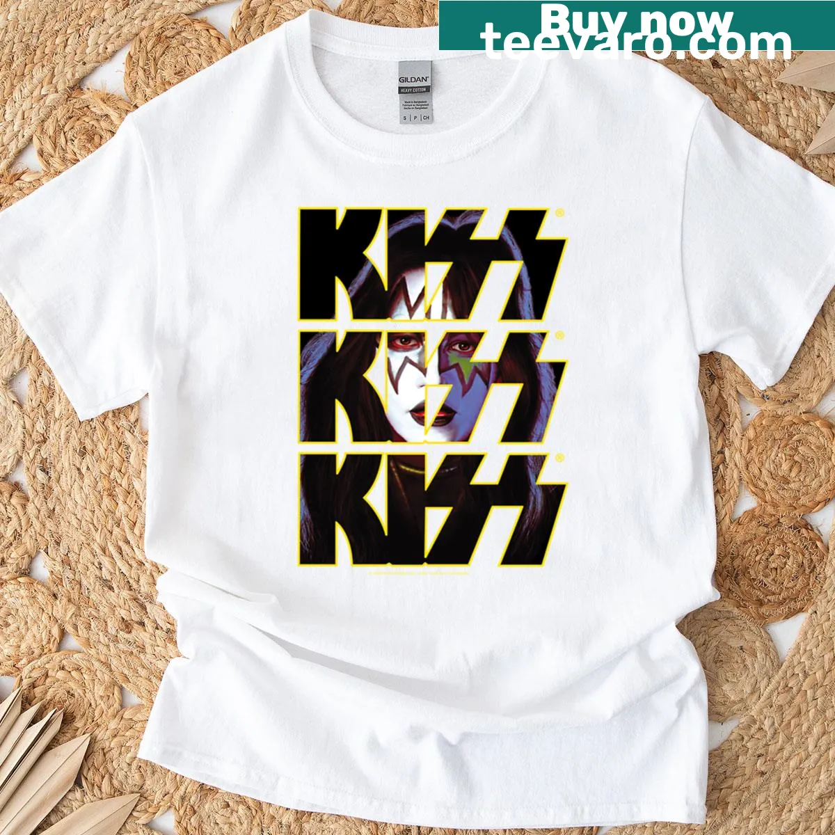 Triple logo design of Kiss Band with Spaceman illustration — on a men's t-shirt