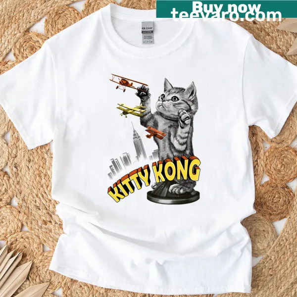 Playful t-shirt featuring a cartoon graphic of 'Kitty Kong'