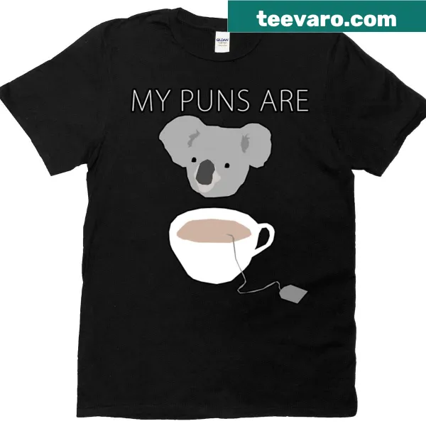 T-shirt with playful koala tea puns and fun graphics