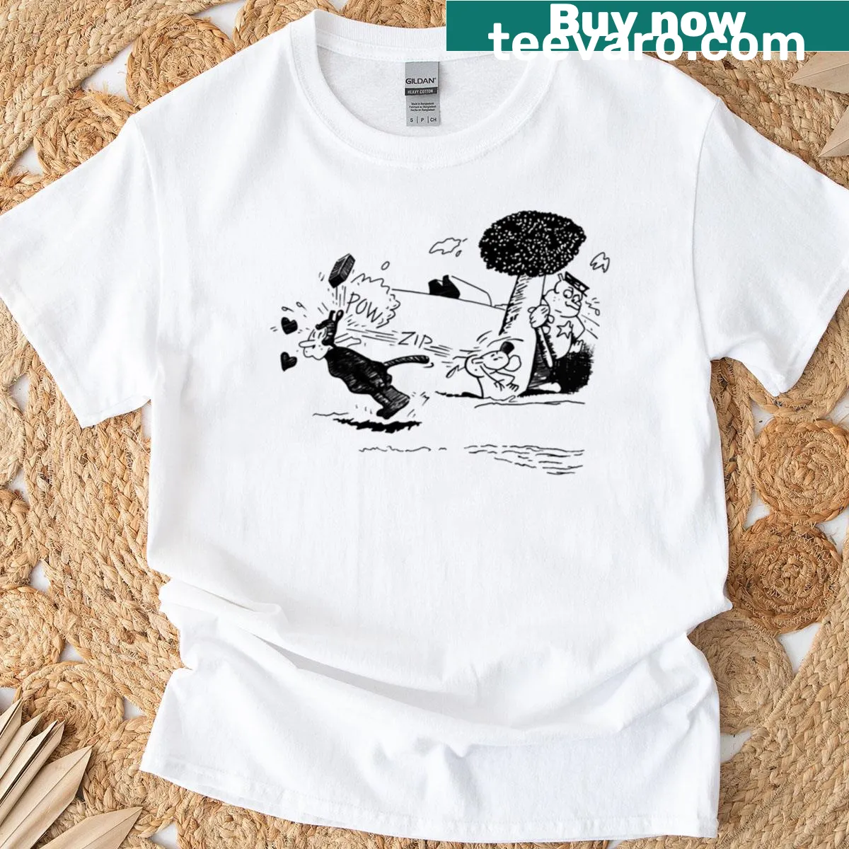 Cartoon graphic featuring Ignatz mouse in a comedic chase — on a men's t-shirt