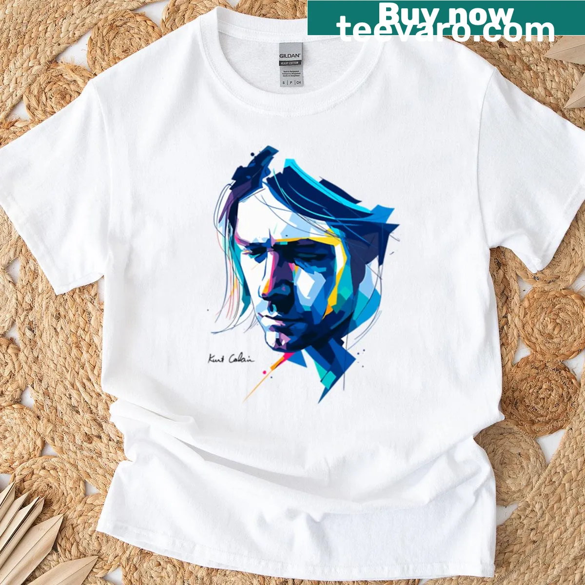 Pop art design honoring Kurt Cobain on t-shirt — on a men's t-shirt