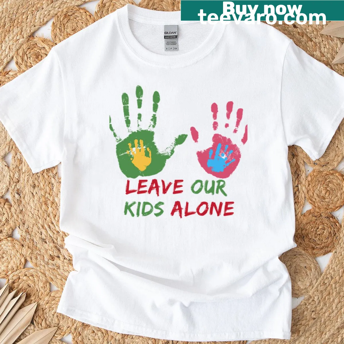 Text-only design featuring 'Leave Our Kids Alone' slogan — on a men's t-shirt
