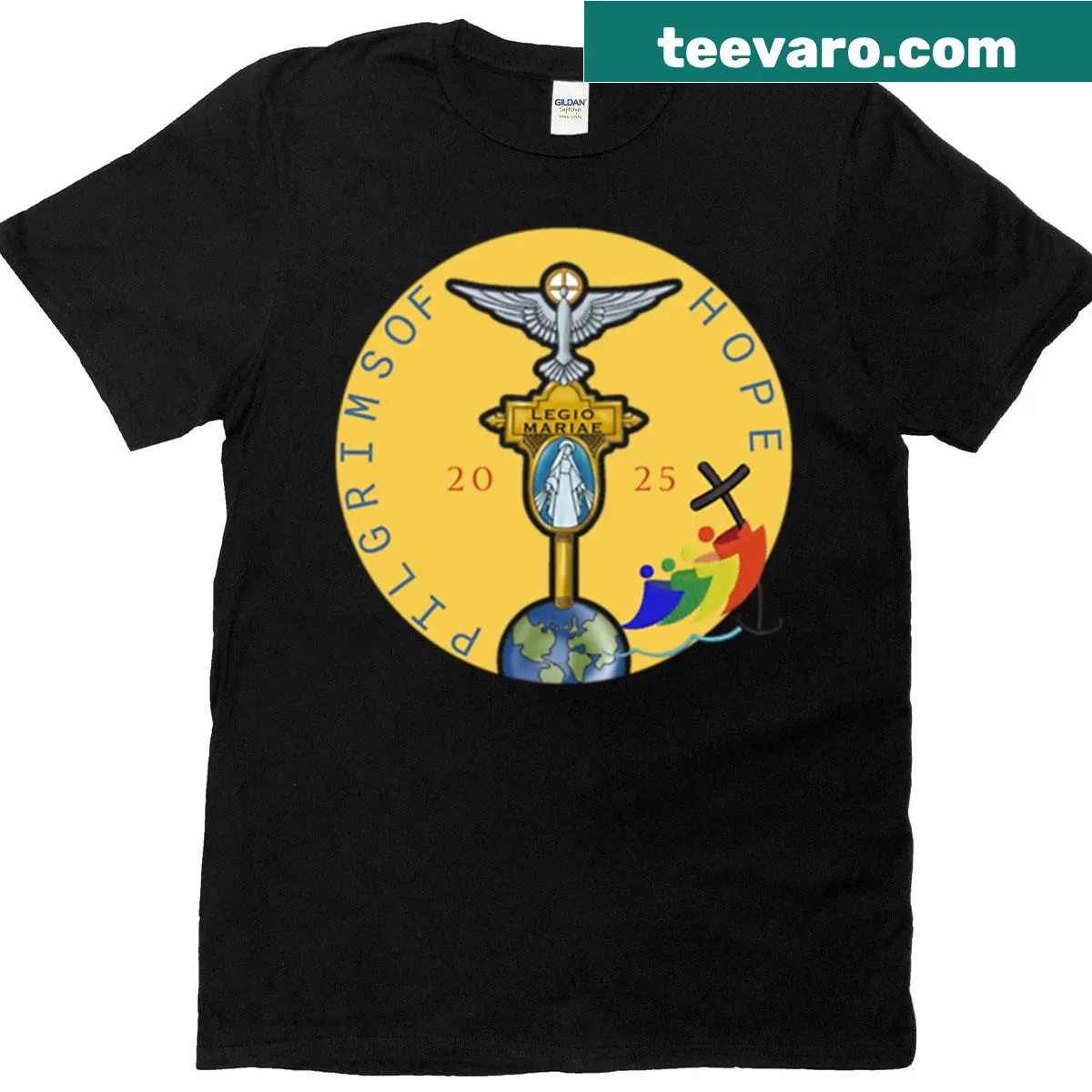 Legio Mariae Pilgrims Of Hope t-shirt with inspirational emblem — on a men's t-shirt