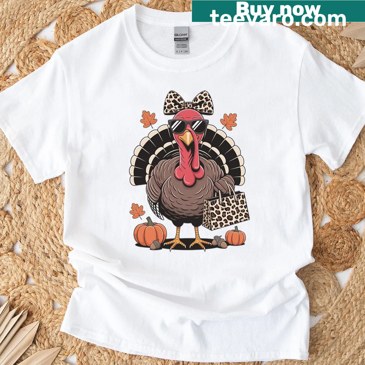 Funny Thanksgiving t-shirt featuring a leopard turkey with sunglasses — on a men's t-shirt