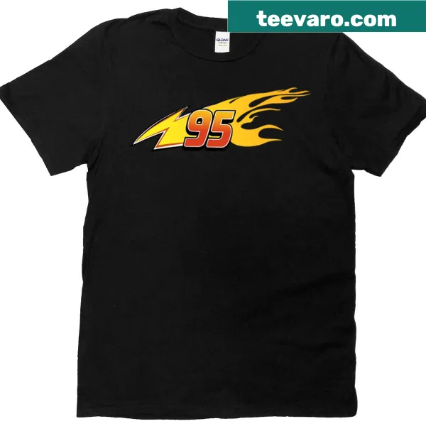 Illustrated t-shirt of a racing car with flames and Team 95 design