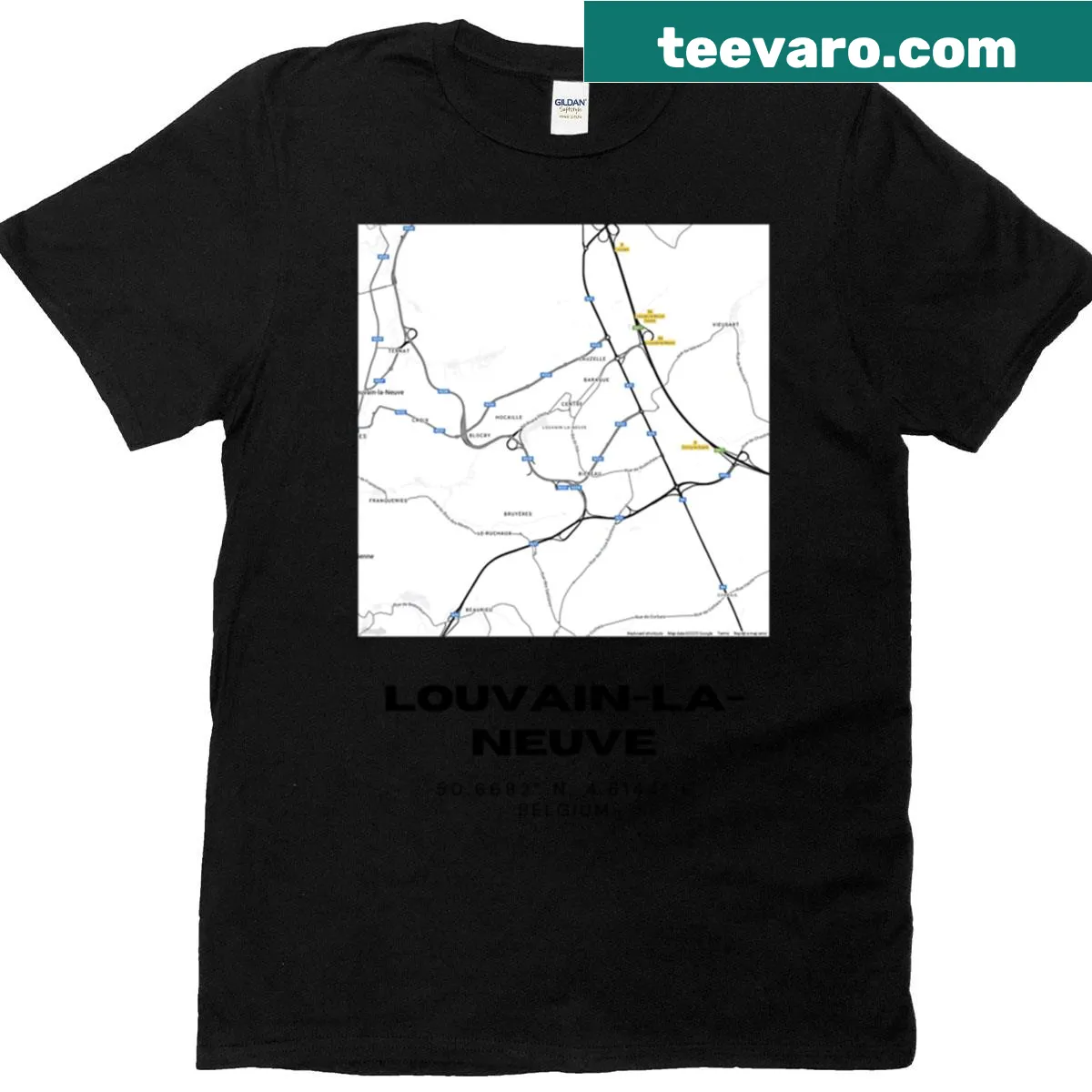 Minimalist T-shirt featuring a line-art design of Louvain-la-neuve street map — on a men's t-shirt