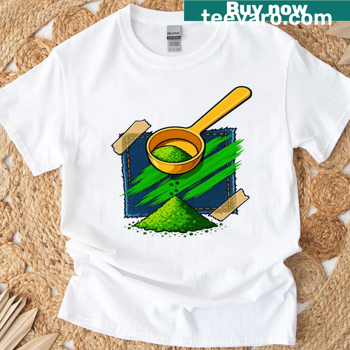 Modern art T-shirt featuring a matcha powder scoop design — on a men's t-shirt