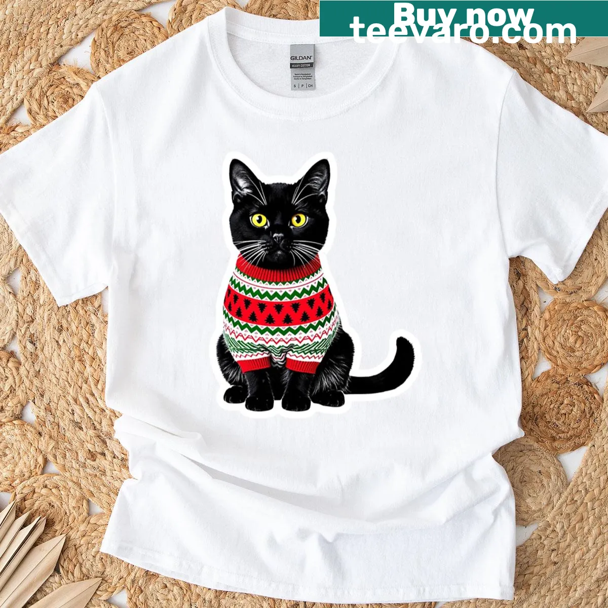 Ugly Christmas T-shirt featuring a playful black cat design — on a men's t-shirt