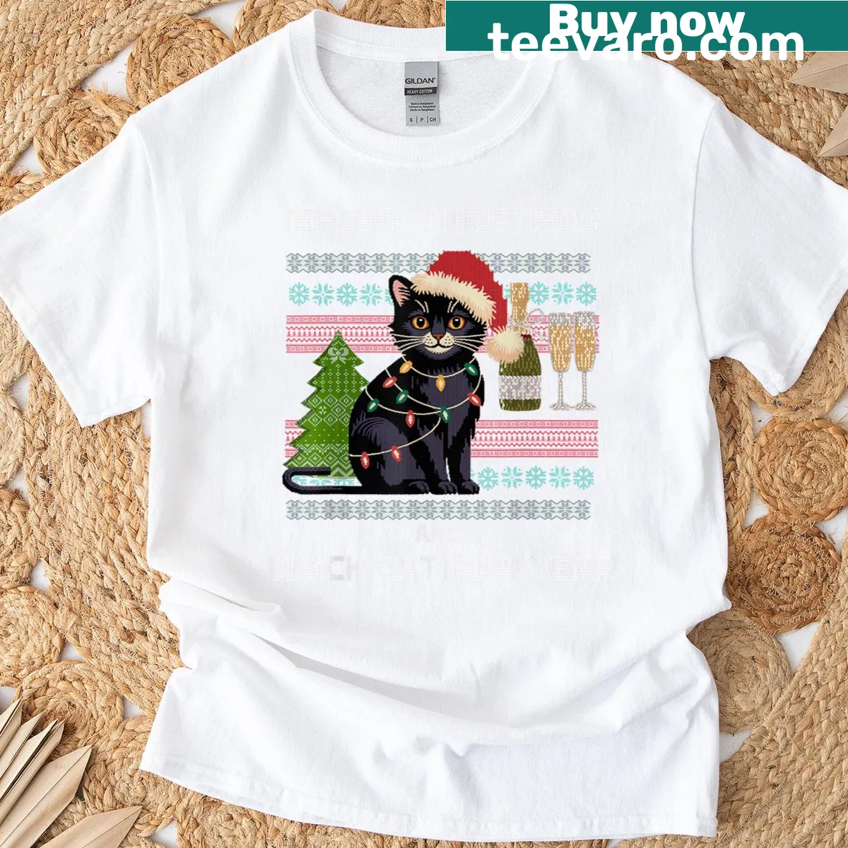 Funny Christmas t-shirt with black cat in Santa hat design — on a men's t-shirt