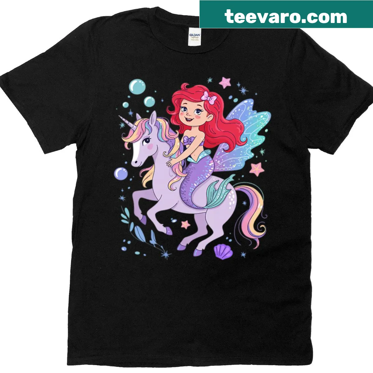 Illustration of a mermaid riding a unicorn for Halloween on a kids' t-shirt — on a men's t-shirt