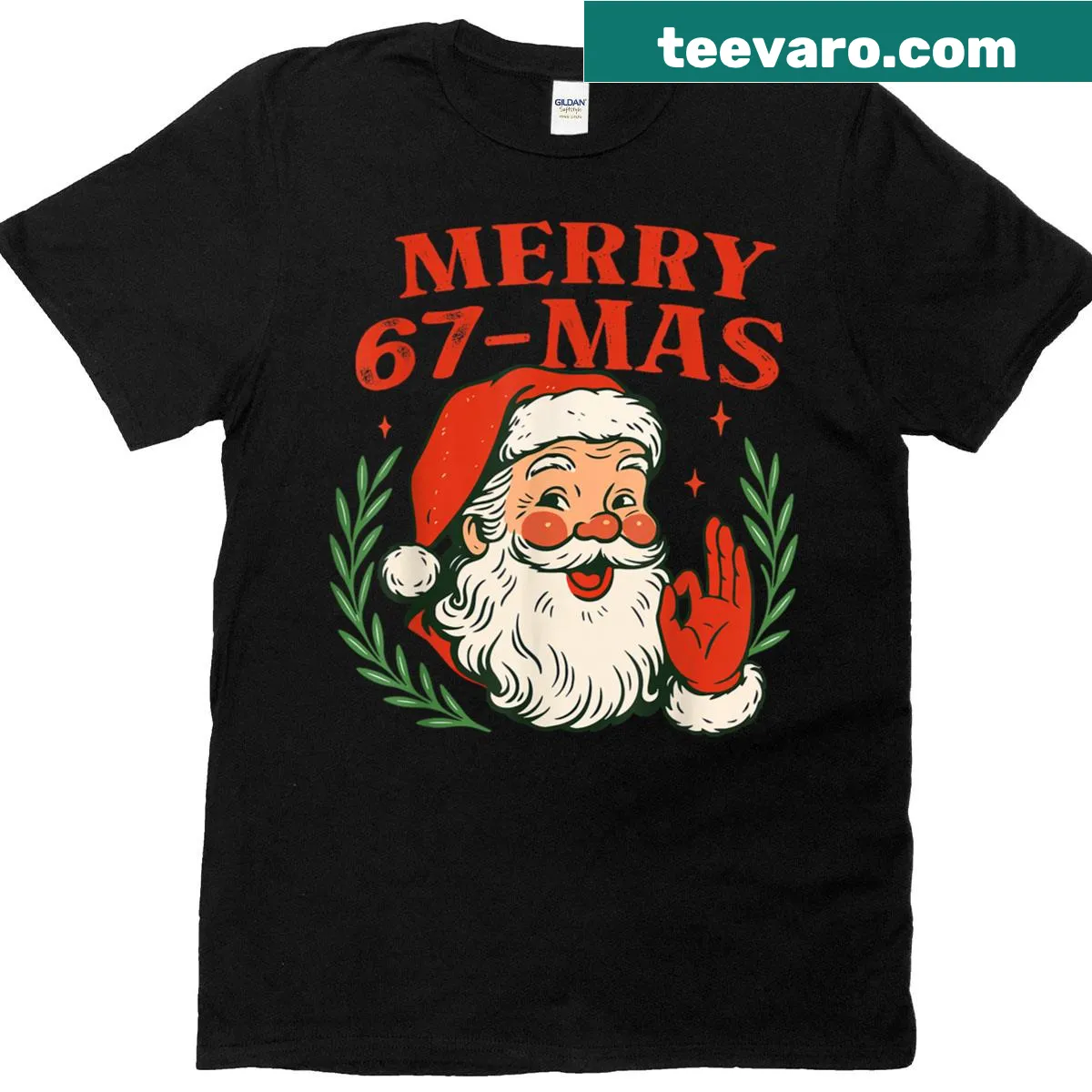 Retro Santa face shirt with 'Merry 67 Mas' text — on a men's t-shirt
