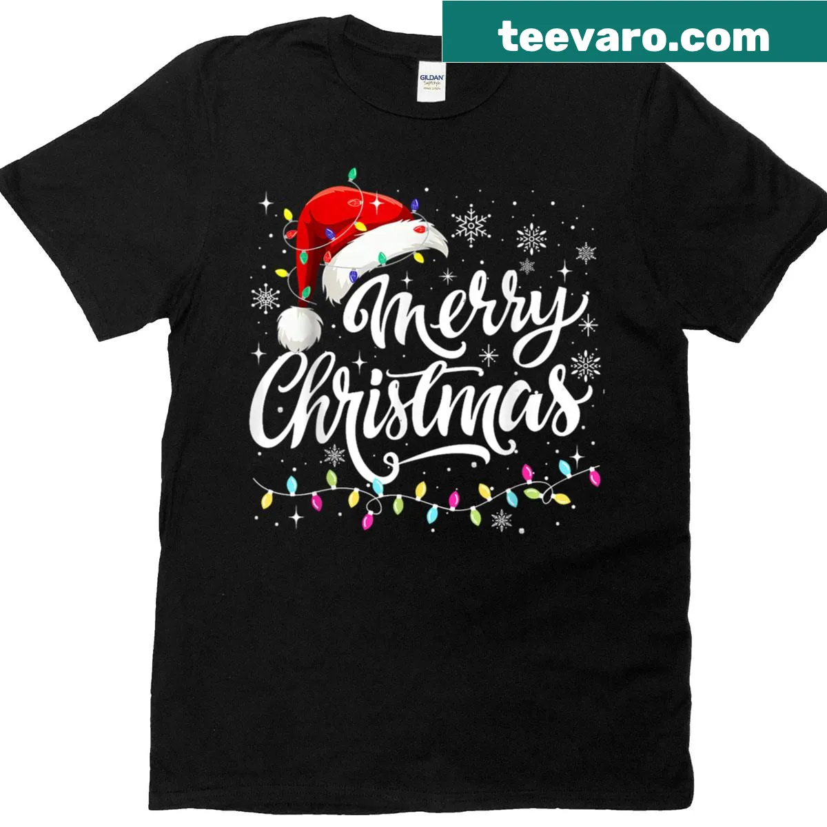 Christmas t-shirt with festive lights design and red Santa hat — on a men's t-shirt