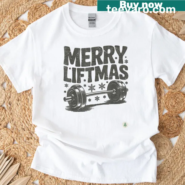Merry Liftmas Christmas Weightlifting T-shirt with playful typography