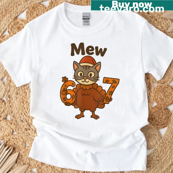 Christmas cat design with turkey and Santa hat on T-shirt
