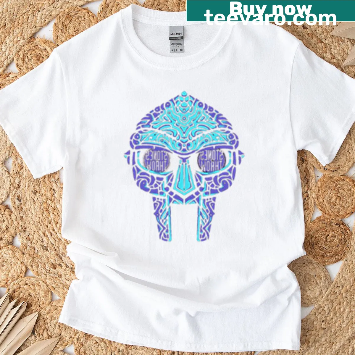 Artistic T-shirt featuring the iconic Mf Doom mask — on a men's t-shirt