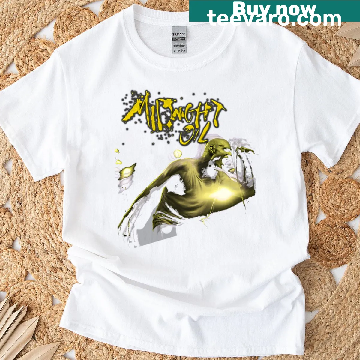 Vintage T-shirt celebrating the Midnight Oil rock band — on a men's t-shirt