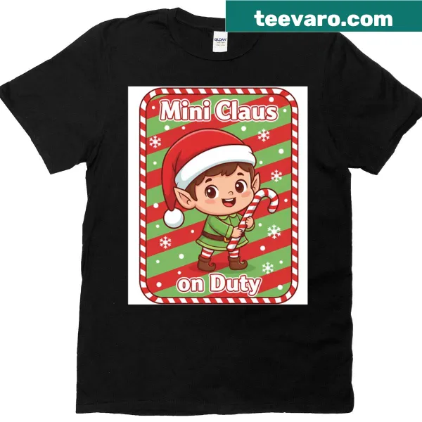 Festive t-shirt featuring a cute illustration of a mini Santa Claus