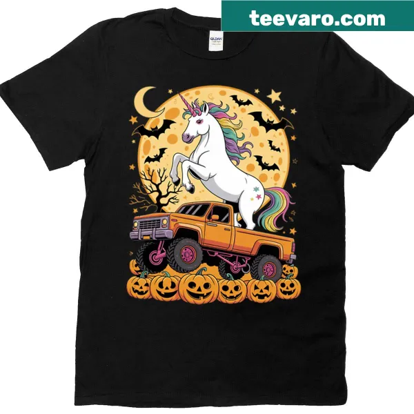 Fun t-shirt featuring a monster truck and Halloween-themed illustrations