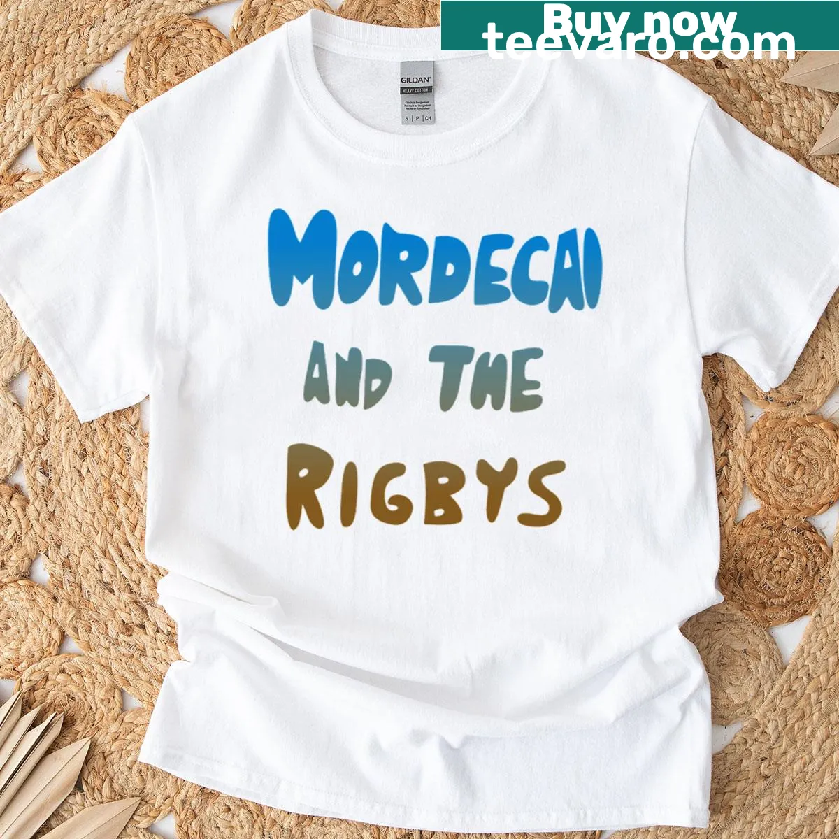 Cartoon-style T-shirt featuring characters from Mordecai and the Rigbys. — on a men's t-shirt