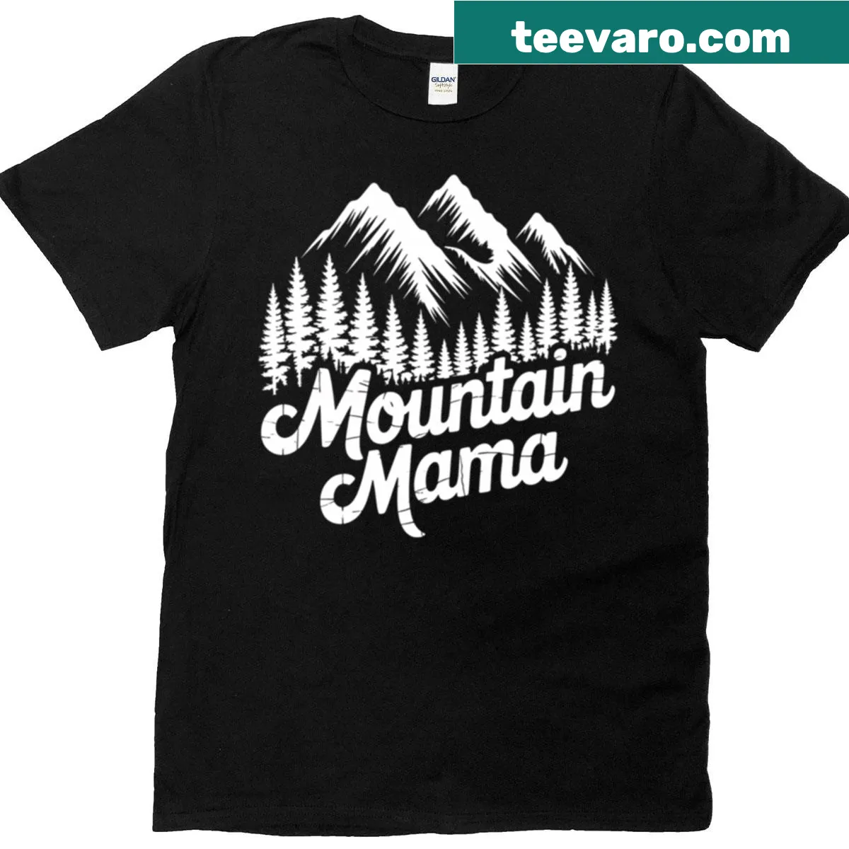 Illustrated mountain scene on a T-shirt celebrating adventurous moms. — on a men's t-shirt