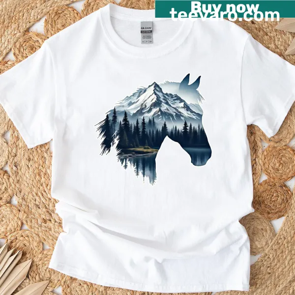 Illustrated horse design surrounded by nature on a T-shirt