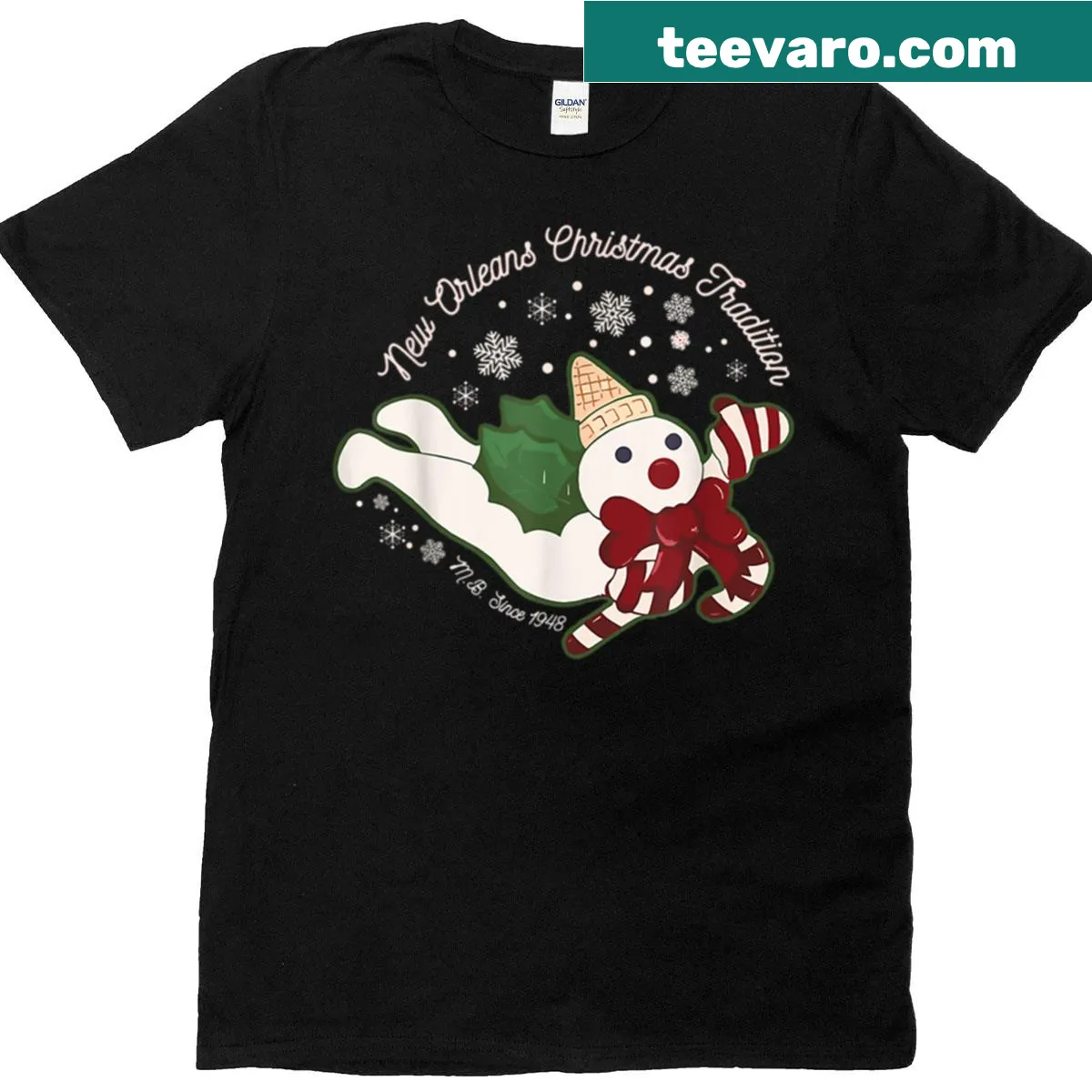 Christmas t-shirt featuring Mr. Bingle character illustration — on a men's t-shirt