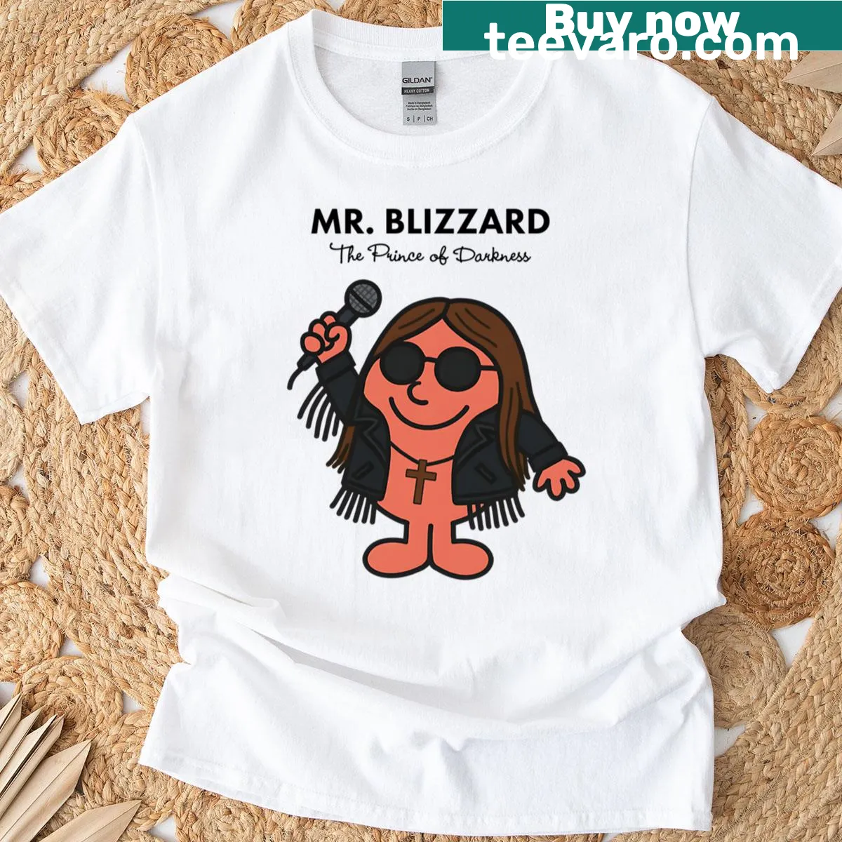 Cartoon Mr. Blizzard T-shirt featuring snowflakes and a winter character — on a men's t-shirt