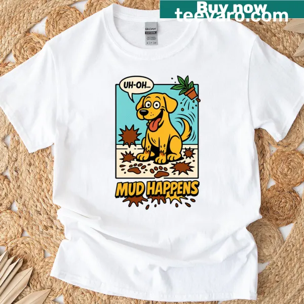 Cartoon T-shirt with a muddy Labrador dog in chaotic scene