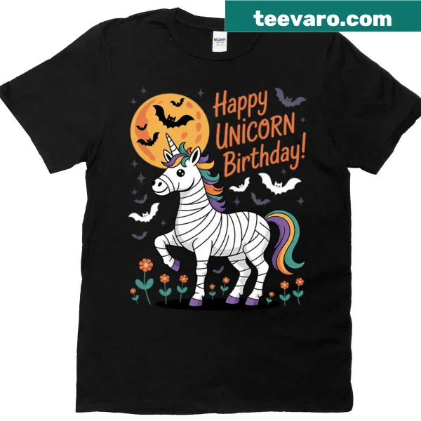 Cartoon mummy unicorn Halloween t-shirt for girls, featuring a smiling unicorn.