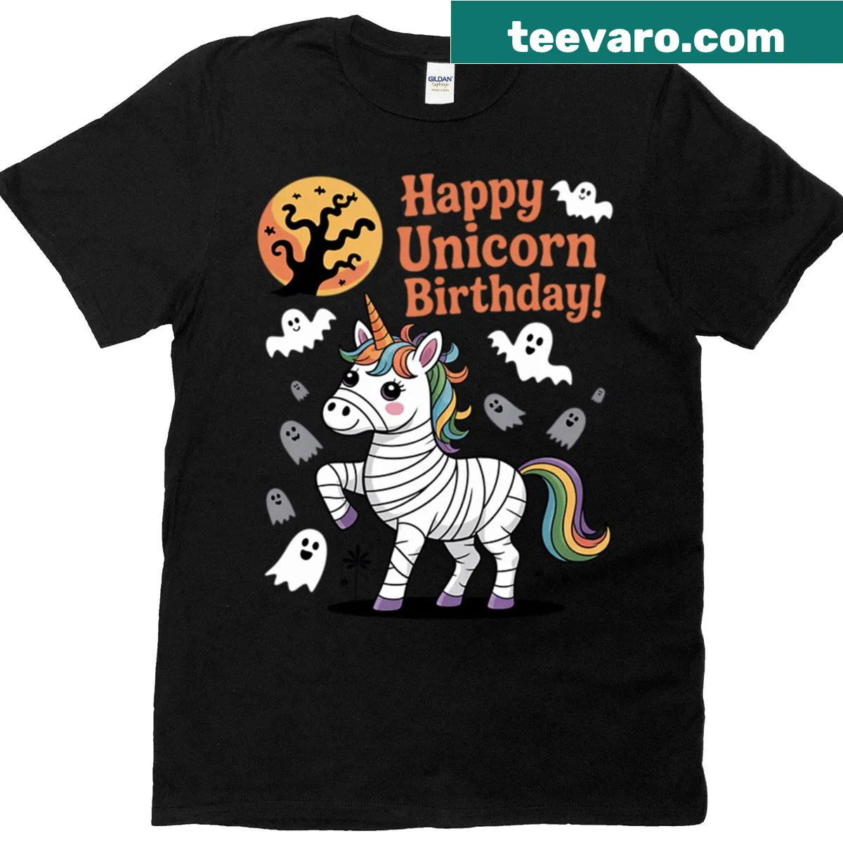Adorable mummy unicorn graphic t-shirt for girls, perfect for Halloween. — on a men's t-shirt