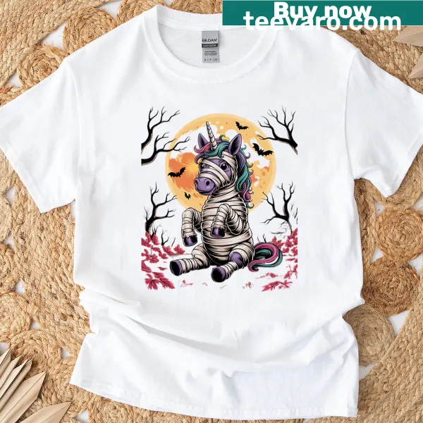 Cute cartoon mummy unicorn graphic for Halloween