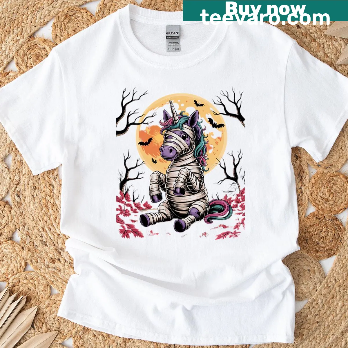 Cute cartoon mummy unicorn graphic for Halloween — on a men's t-shirt