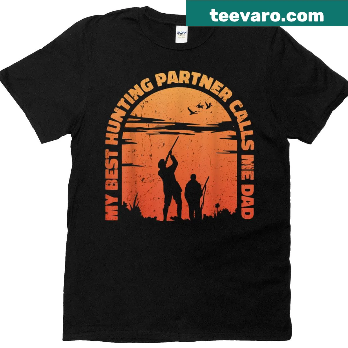 T-shirt featuring the phrase 'My Best Hunting Partner Calls Me Dad' in a playful font — on a men's t-shirt