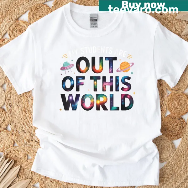Teacher T-shirt with space theme and inspirational text