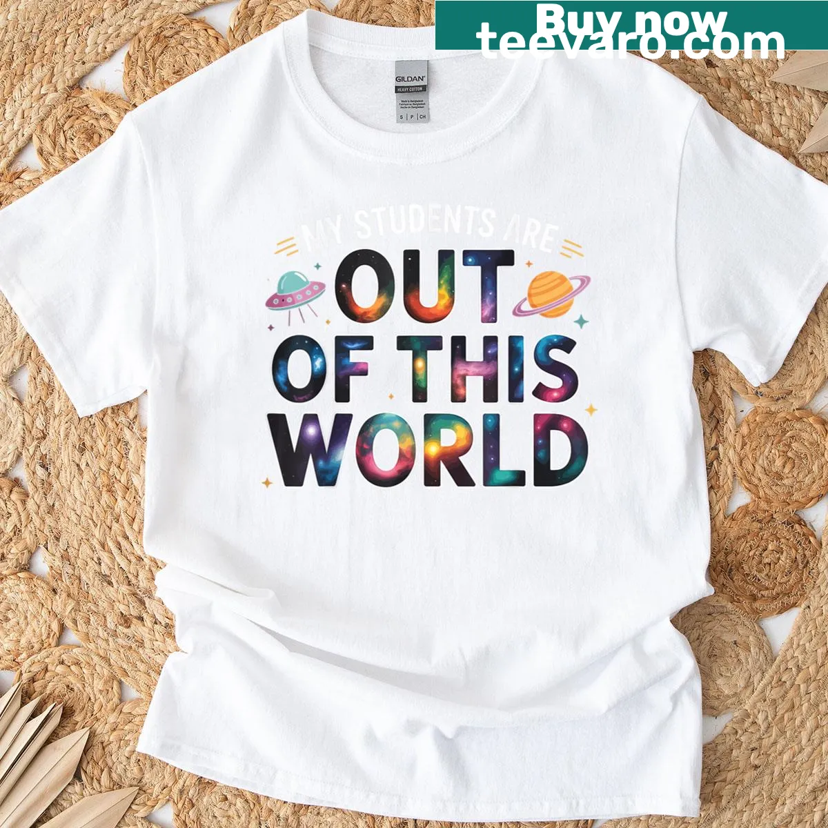 Teacher T-shirt with space theme and inspirational text — on a men's t-shirt