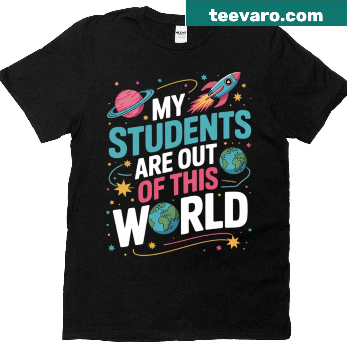 Cute retro T-shirt for teachers with space theme — on a men's t-shirt