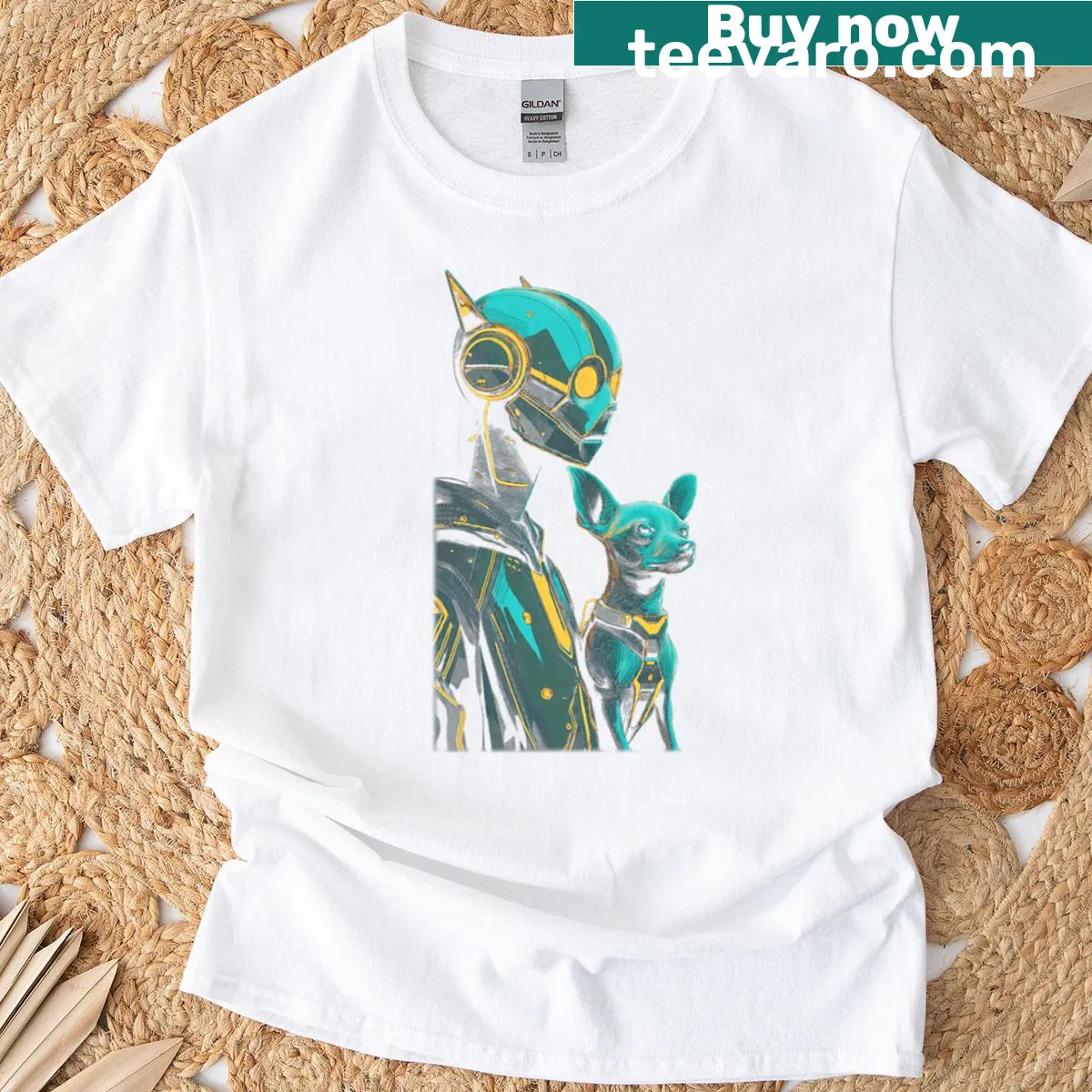 Robot dog graphic on a playful t-shirt — on a men's t-shirt