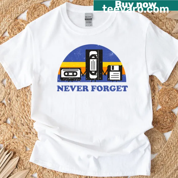 Vintage graphic of a floppy disk and VHS cassette on a T-shirt
