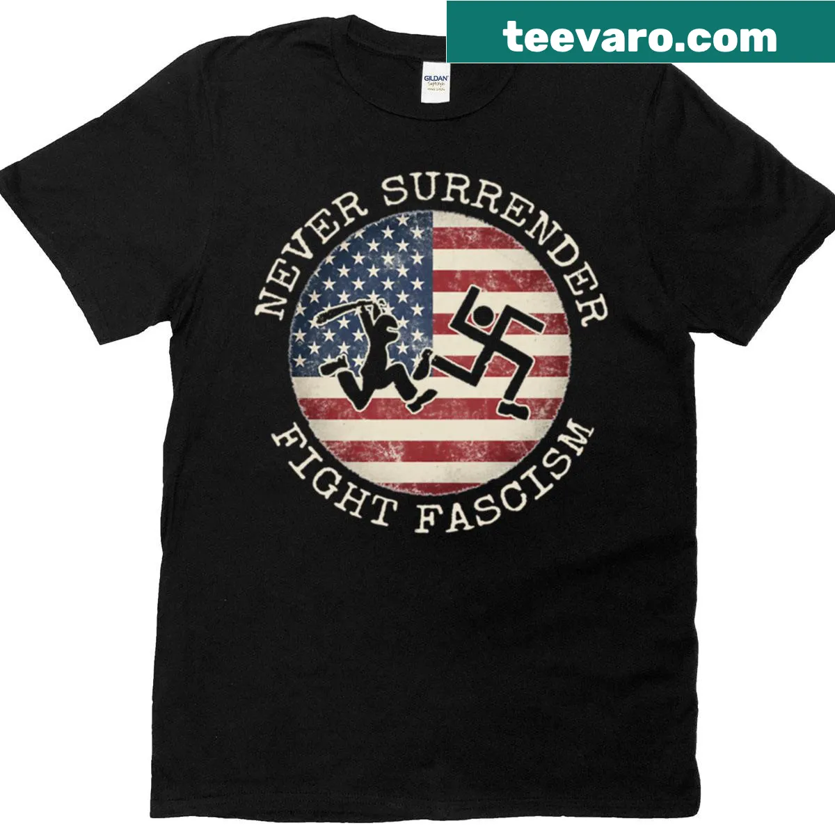 T-shirt with strong message 'Never Surrender' on dark background — on a men's t-shirt