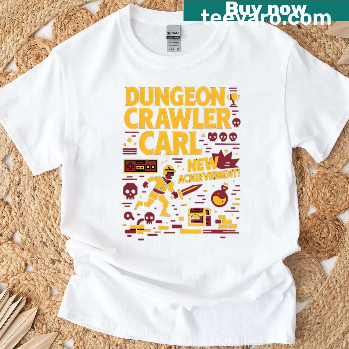 Gaming-themed Dungeon Crawler Carl graphic t-shirt — on a men's t-shirt