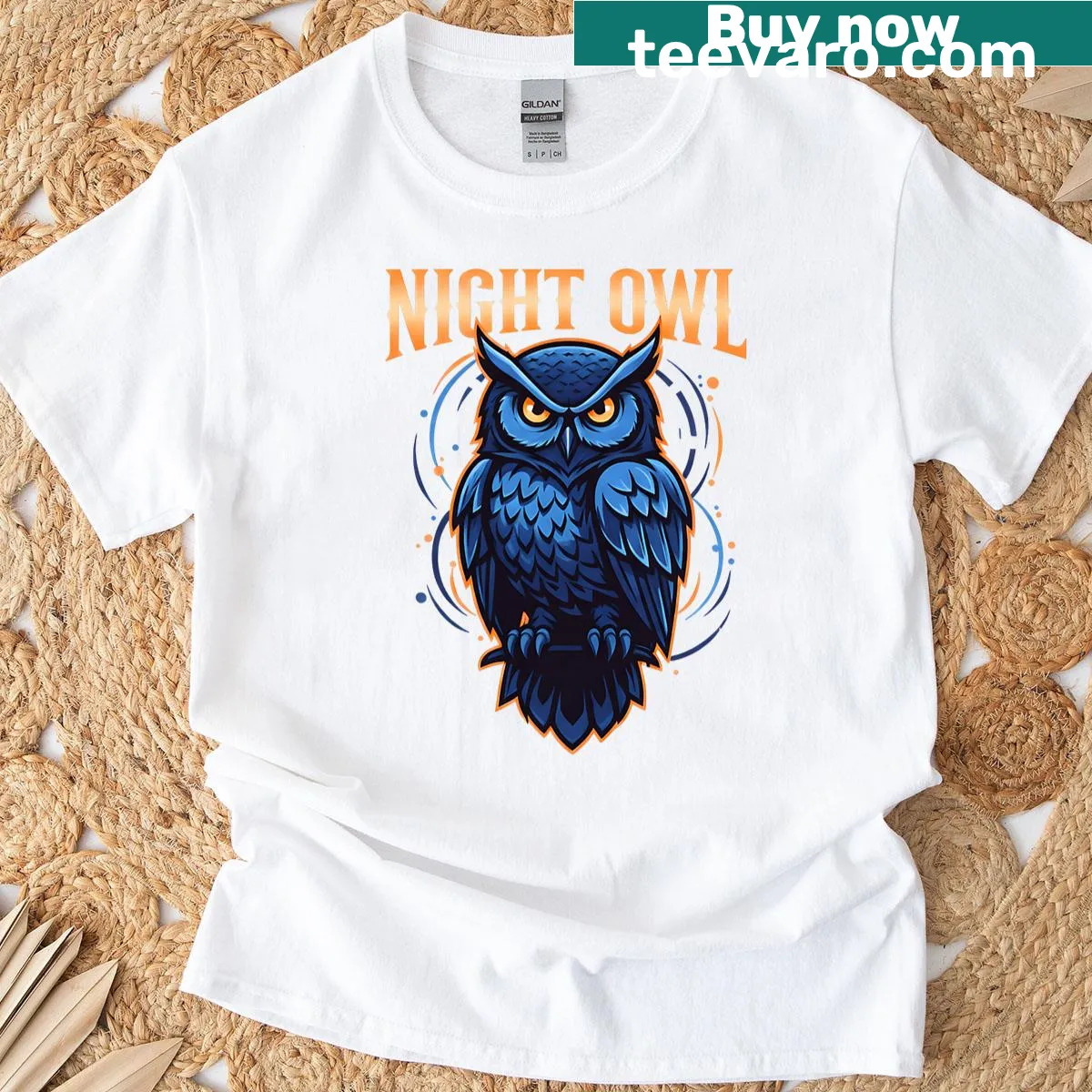 Minimalist blue owl illustration on a t-shirt — on a men's t-shirt