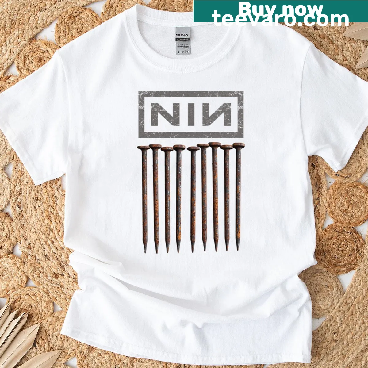 Distressed graphic design inspired by Nine Inch Nails on a T-shirt — on a men's t-shirt