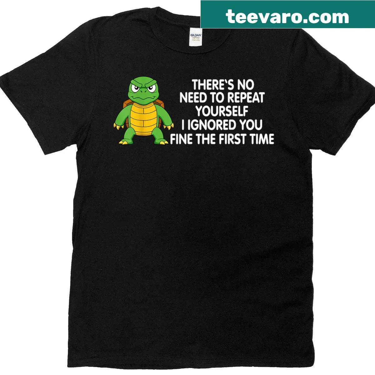Funny t-shirt with a turtle graphic saying 'No Repeat Yourself, I Ignored You' — on a men's t-shirt