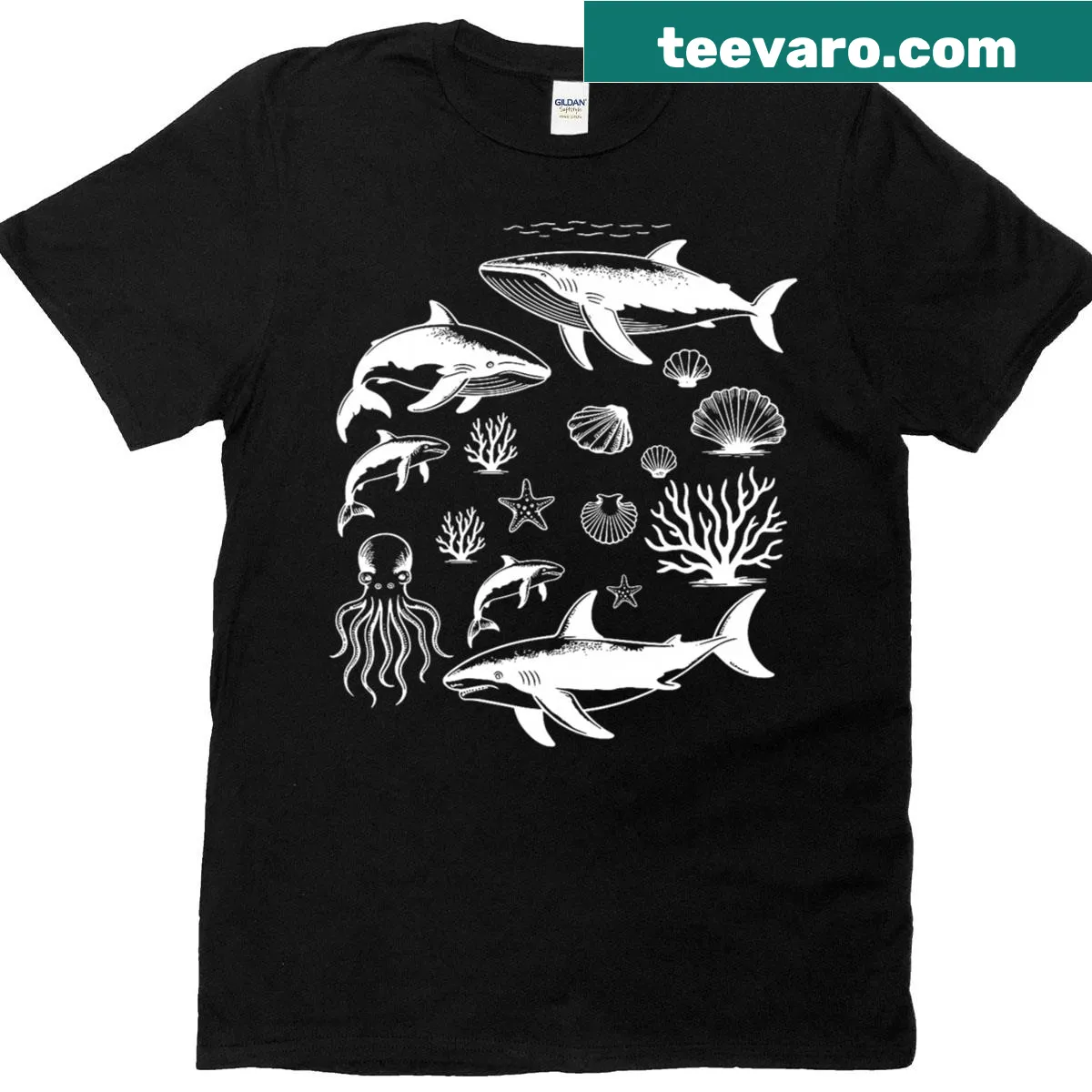 Illustration of ocean wildlife including a shark and whale on a T-shirt — on a men's t-shirt